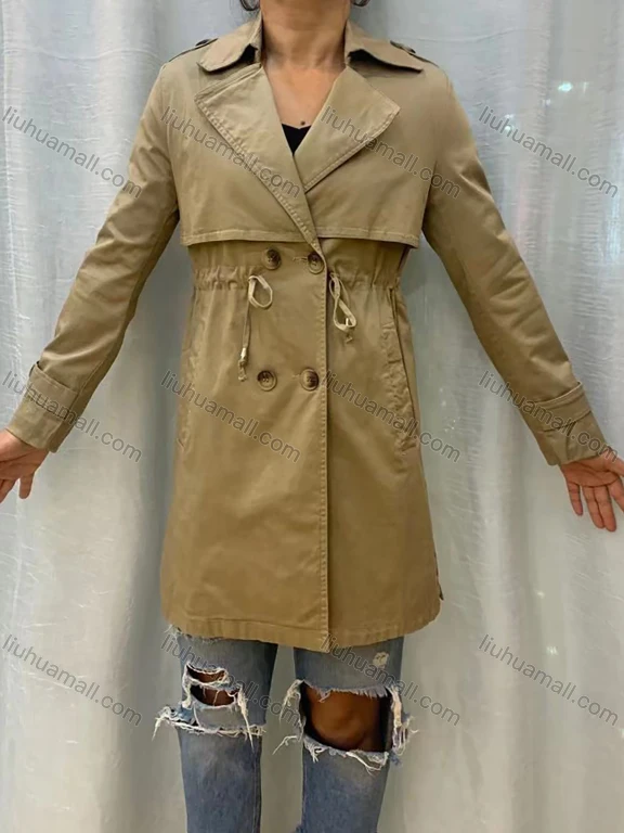 Wholesale Women's Lapel Straps Long Sleeve Buckled Cuff Double Breasted Drawstring Plain Long Trench Coat