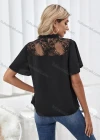 Wholesale Women's Casual Plain Guipure Lace Tie Neck Short Sleeve Blouse - Liuhuamall