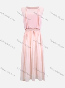Wholesale Women's Casual Cap Sleeve Elastic Waist Plain Shirred Pleated Midi Dress LS3002#, LIUHUA CLOTHING WHOLESALE