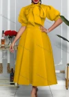 Wholesale Women's Plain Bowknot Lantern Sleeve Ruffle Hem Cocktail Maxi Dress - Liuhuamall