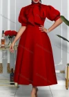 Wholesale Women's Plain Bowknot Lantern Sleeve Ruffle Hem Cocktail Maxi Dress - Liuhuamall