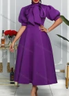 Wholesale Women's Plain Bowknot Lantern Sleeve Ruffle Hem Cocktail Maxi Dress - Liuhuamall
