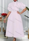 Wholesale Women's Plain Bowknot Lantern Sleeve Ruffle Hem Cocktail Maxi Dress - Liuhuamall