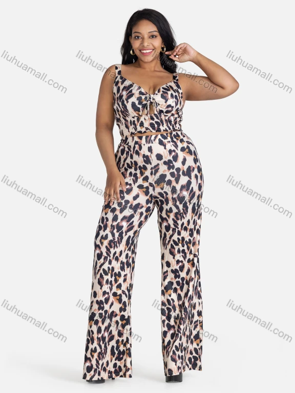 Wholesale Women's Casual Tie Front Leopard Shirred Cami Top & Pants 2-piece Set