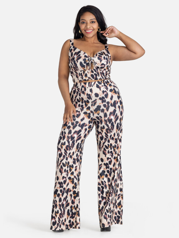 Women's Casual Tie Front Leopard Shirred Cami Top & Pants 2-piece Set, Clothing Wholesale Market -LIUHUA, WOMEN, Clothing-Sets