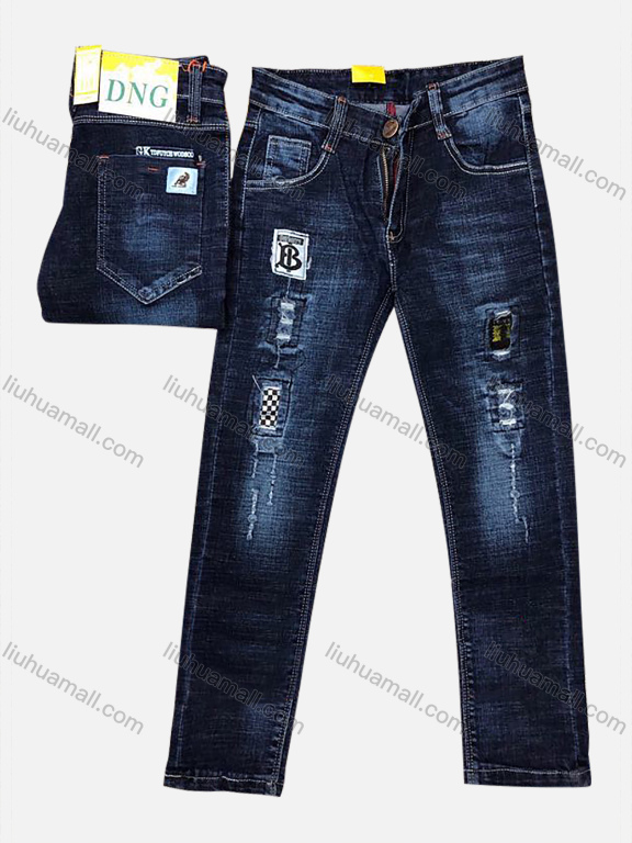 Wholesale Boys Zipper Pockets Frayed Patched Labelled Embroidered Letter Plain Jean 02#