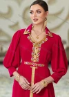 Wholesale Women's Elegant Muslim Islamic Plain Rhinestone Button Decor Embroidered Split Front Robe Dress BA3108# - Liuhuamall