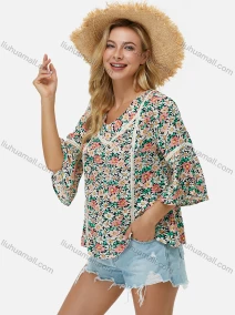 Wholesale Women's V Neck Flare Sleeve Crochet Floral Elegant Boho Blouse, LIUHUA CLOTHING WHOLESALE