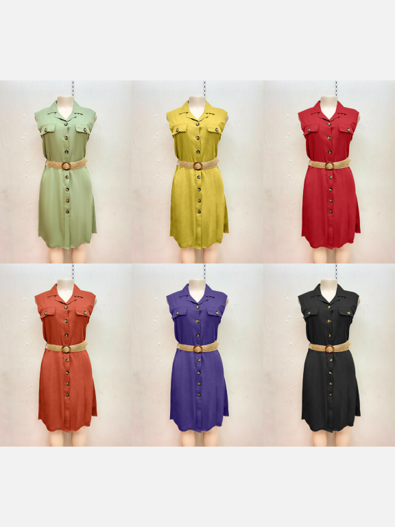 Women's Casual Lapel Sleeveless Button Down Belted Plain Midi Dress, Clothing Wholesale Market -LIUHUA, Women, Women-s-Clothing-Sets