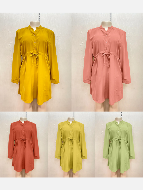 Women's Casual Stand Collar Long Sleeve Buttons Drawstring Short Dress, Clothing Wholesale Market -LIUHUA, Women, Women-s-Clothing-Sets