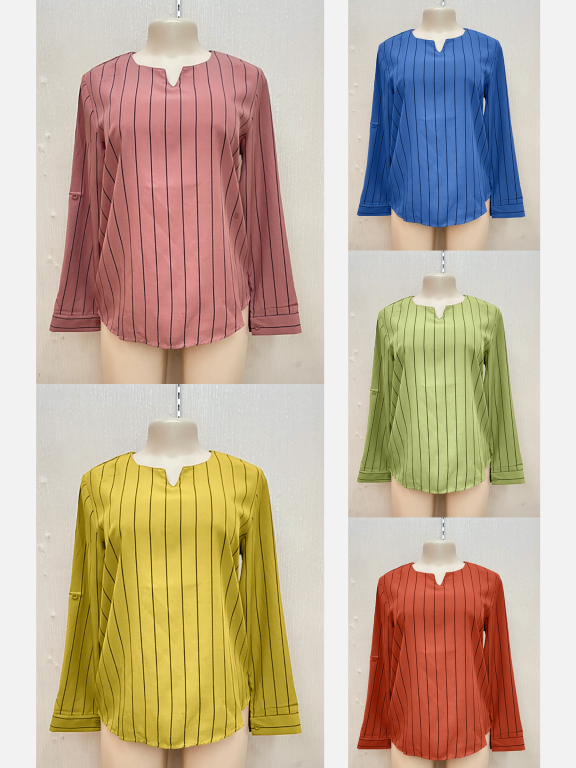 Women's Casual Notched Neck Long Sleeve Striped Curved Hem Blouse, Clothing Wholesale Market -LIUHUA, Women, Women-s-Clothing-Sets