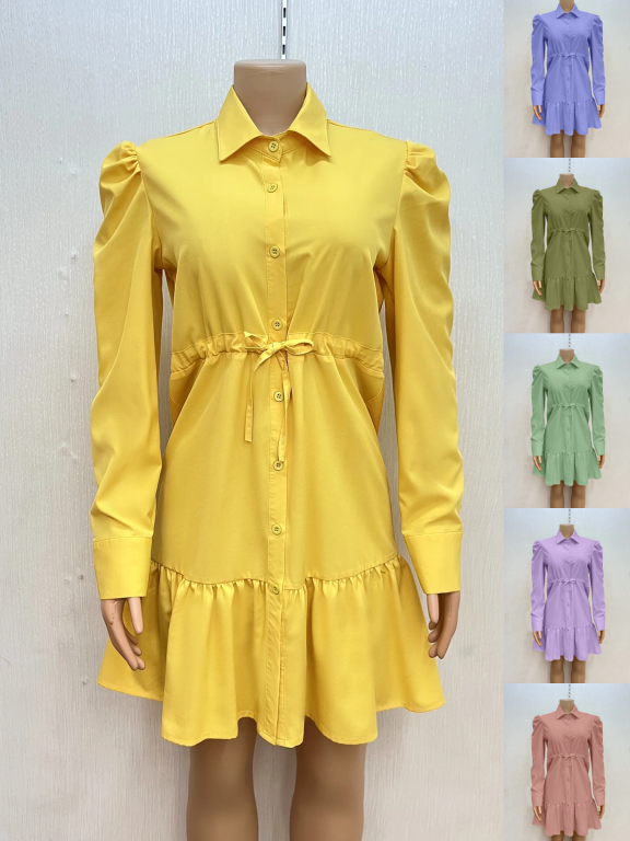 Women's Casual Collared Long Sleeve Ruffle Hem Shirt Dress, Clothing Wholesale Market -LIUHUA, Women, Women-s-Clothing-Sets