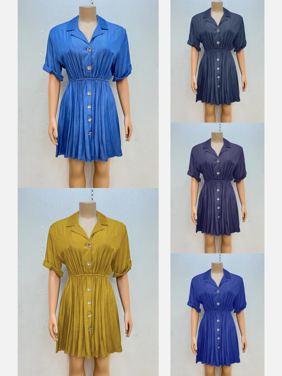Women's Casual Lapel Short Sleeve Button Down Plain Pleated Shirt Dress, Clothing Wholesale Market -LIUHUA, Women, Women-s-Clothing-Sets