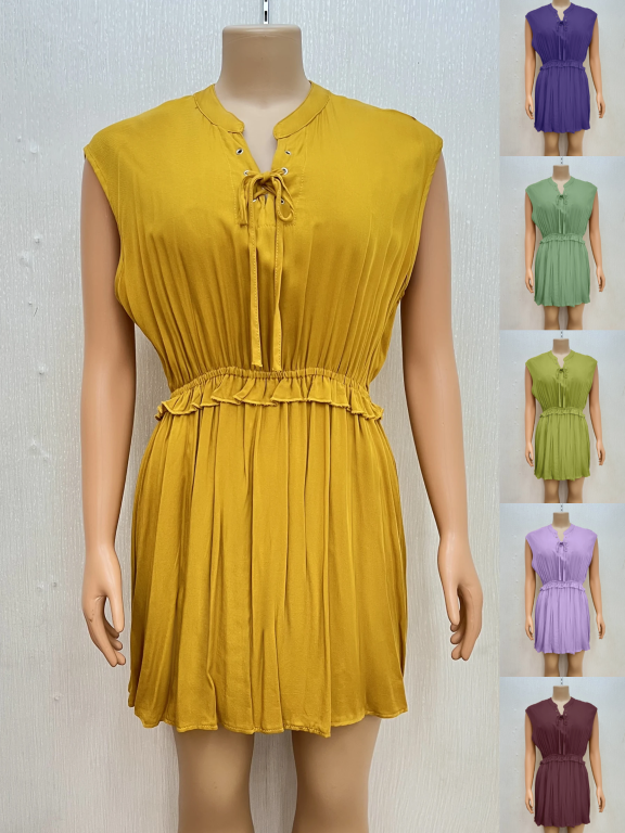 Women's Casual Notched Neck Sleeveless Ruffle Trim Plain Short Dress, Clothing Wholesale Market -LIUHUA, Women, Women-s-Clothing-Sets