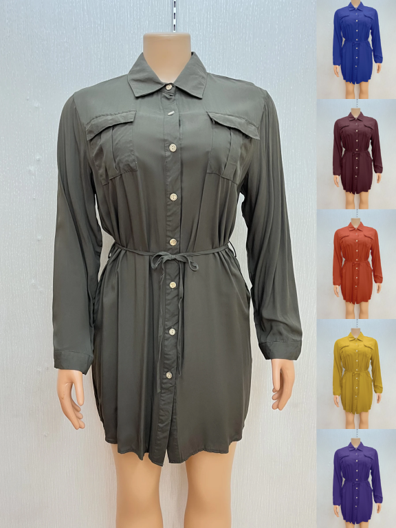 Women's Casual Collared Long Sleeve Button Down Plain Pleated Shirt Dress, Clothing Wholesale Market -LIUHUA, Women, Women-s-Clothing-Sets
