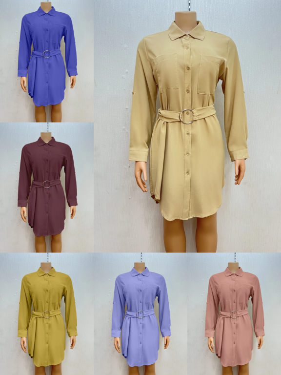 Women's Casual Long Sleeve Collared Button Down Buckled Belt Shirt Dress, Clothing Wholesale Market -LIUHUA, Women, Women-s-Clothing-Sets