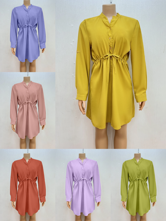Women's Casual Long Sleeve Mock Neck Button Down Shirt Dress, Clothing Wholesale Market -LIUHUA, Women, Women-s-Clothing-Sets