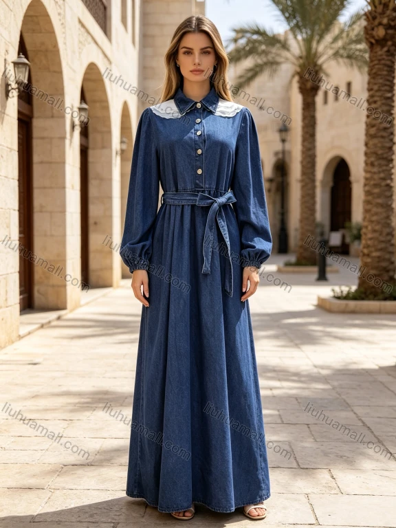 Wholesale Women's Vintage Contrast Collar Long Sleeve Belted Denim Maxi Dress #MC-01