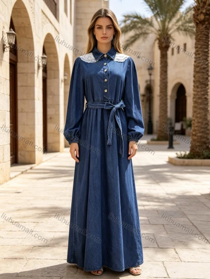 Wholesale Women's Vintage Contrast Collar Long Sleeve Belted Denim Maxi Dress #MC-01