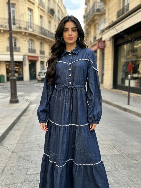 Wholesale Women's Casual Contrast Trim Tiered Long Sleeve Denim Maxi Dress #MC-02