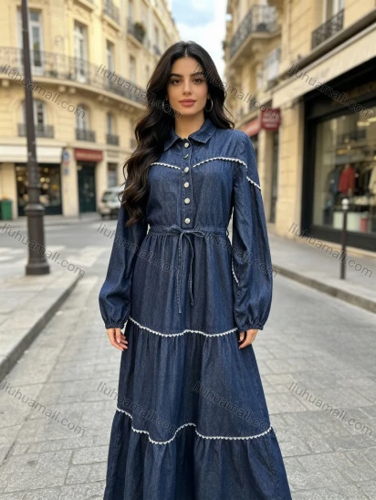Wholesale Women's Casual Contrast Trim Tiered Long Sleeve Denim Maxi Dress #MC-02