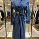 Wholesale Women's Elegant Ruched Waist Metallic Buckle Long Sleeve Denim Midi Dress #MC-03 Denim Clothing Wholesale Market Liuhua