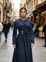 Wholesale Women's Elegant Ruched Waist Metallic Buckle Long Sleeve Denim Midi Dress #MC-03, LIUHUA CLOTHING WHOLESALE