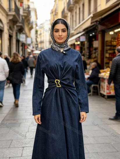 Wholesale Women's Elegant Ruched Waist Metallic Buckle Long Sleeve Denim Midi Dress #MC-03