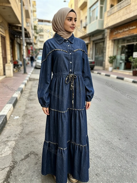 Wholesale Women's Streetwear Leopard Trim Tiered Long Sleeve Denim Maxi Dress #MC-05