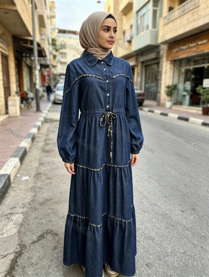 Wholesale Women's Streetwear Leopard Trim Tiered Long Sleeve Denim Maxi Dress #MC-05