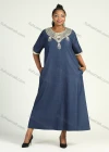Wholesale Women's Plus Size 3/4 Sleeve Round Neck Embroidery Denim Kaftan Maxi Dress - Liuhuamall