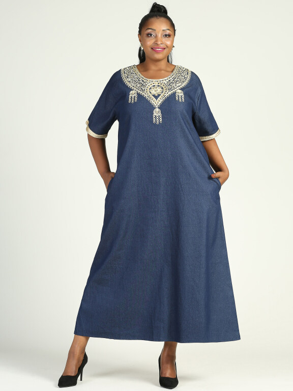 Women's Plus Size 3/4 Sleeve Round Neck Embroidery Denim Kaftan Maxi Dress, Clothing Wholesale Market -LIUHUA, 