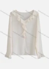 Wholesale Women's Casual V Neck Trumpet Sleeve Ruffle Trim Plain Blouse - Liuhuamall