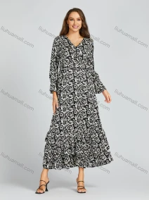 Wholesale Women's Casual Allover Print Ruffle Hem Pearl Decor Poet Sleeve Maxi Dress With Belt M0211#, LIUHUA CLOTHING WHOLESALE