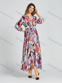 Wholesale Women's Casual Allover Water-colour Print Wrap Long Sleeve Maxi Dress With Belt M0281#, LIUHUA CLOTHING WHOLESALE
