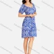 Wholesale Women's Elegant Vintage Print V Neck Lace Trim Shirred Puff Sleeve Ruffle Hem Short Dress Blue Clothing Wholesale Market Liuhua