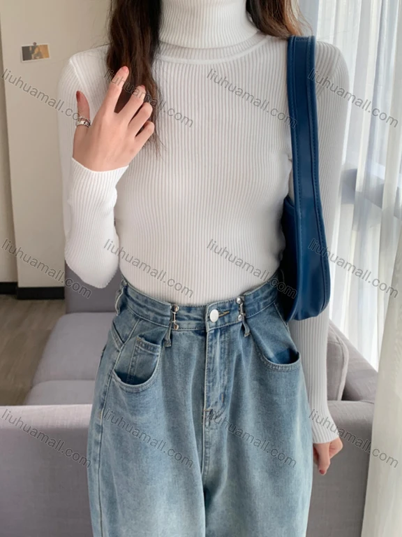 Wholesale Women's Casual Plain Turtleneck Long Sleeve Ribbed Knit Sweater Tops 8020#