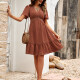 Women's Casual V Neck Short Sleeve Swiss Dot Ruffle Hem Short Dress Saddle Brown Clothing Wholesale Market -LIUHUA
