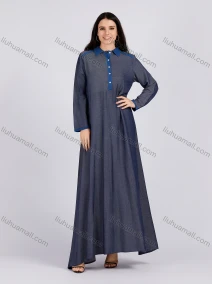 Wholesale Women's Distressed Button Front Collared Curved Hem contrast Long Sleeve Denim Dress, LIUHUA CLOTHING WHOLESALE