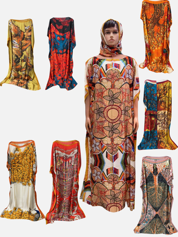 Women's African Muslim Islamic Vintage Tribal Kaftan Folk Art Print Split Hem Maxi Dress, Clothing Wholesale Market -LIUHUA, 