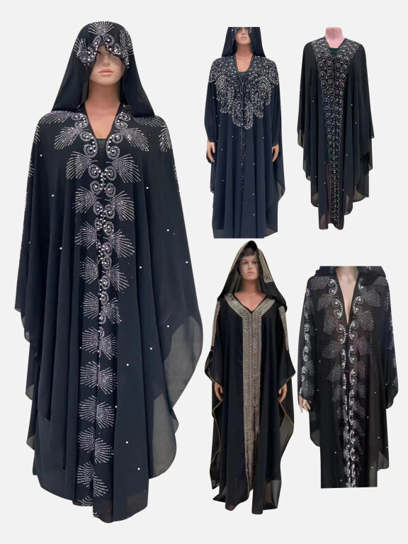 Women's Vintage Muslim Islamic Rhinestone Beaded Maxi Dress With Kaftan Cloak, Clothing Wholesale Market -LIUHUA, 