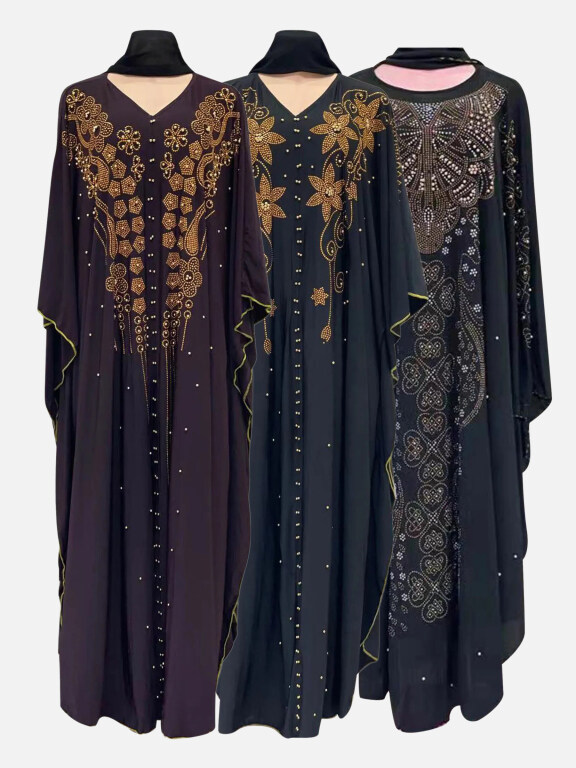Women's Vintage Muslim Islamic Rhinestone Beaded Maxi Kaftan Cloak Dress, Clothing Wholesale Market -LIUHUA, SPECIALTY, Ethnic-Clothing