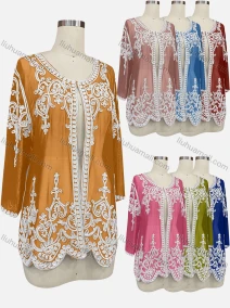 Wholesale Women's Elegant Floral Embroidery Round Neck Sheer Long Sleeve Cover Up Cardigan, LIUHUA CLOTHING WHOLESALE