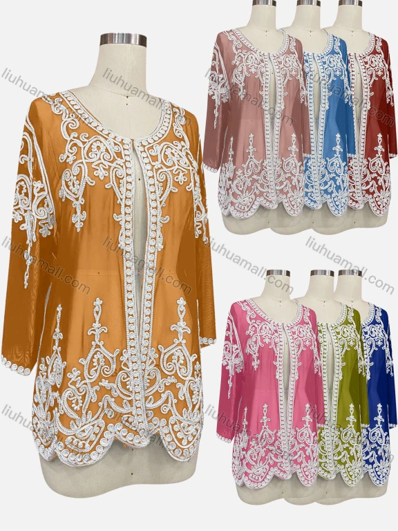 Wholesale Women's Elegant Floral Embroidery Round Neck Sheer Long Sleeve Cover Up Cardigan