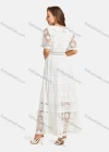 Wholesale Women's Casual Deep V Neck Circular Cap Sleeve Floral Guipure Lace Hollow Out Plain Maxi Dress - Liuhuamall