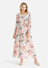 Wholesale Women's Casual Floral Print Long Sleeve Notched Neck Tie Front Midi Dress With Belt - Liuhuamall