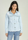 Wholesale Women's Casual Rivet Decor Button Down Flap Pockets Raw Hem Long Sleeve Denim Jacket - Liuhuamall
