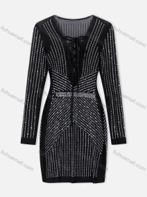 Wholesale Women's Cocktail Lace Up Rhinestone Long Sleeve Short Dress XM-01#, LIUHUA CLOTHING WHOLESALE