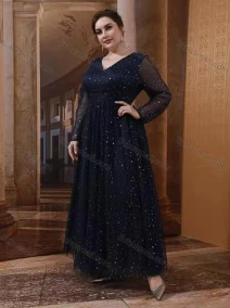 Wholesale Women's Elegant V Neck Long Sleeve Sequin Lace Plain Dress, LIUHUA CLOTHING WHOLESALE