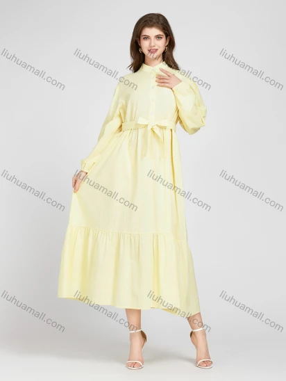 Wholesale Women's Linen Stand Collar Long Sleeve Button Down Ruffle Hem Midi Shirt Dress With Belt